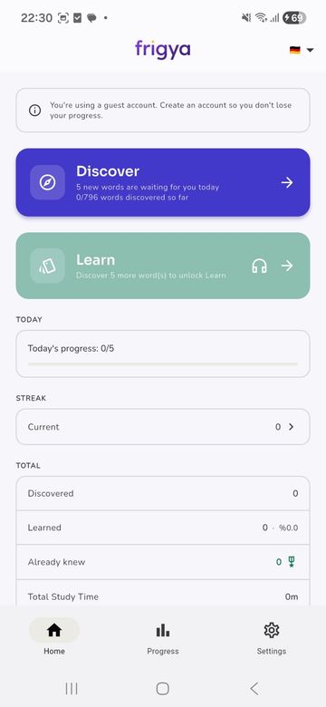 Frigya home screen with Discover and Learn cards, daily progress and streak