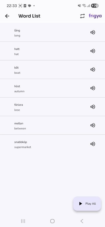 Frigya word list showing Swedish words, their English meanings and audio icons