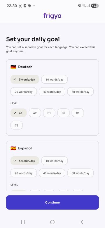 Frigya daily goal screen: 5, 10, 20, 40 and 50 words a day and A1–C2 level chips